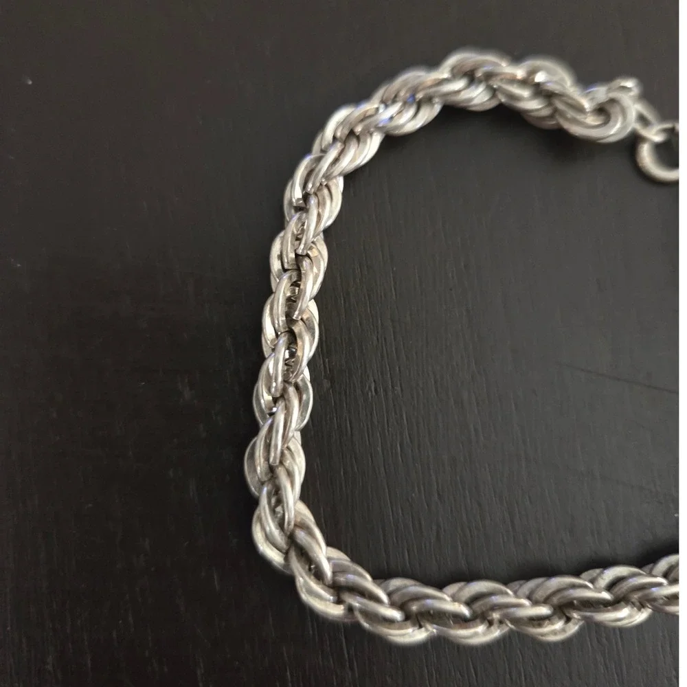 Silver Bracelet Set Rope Chain and Bar Bead Link 7.25-7.5 Inch 2 Piece
